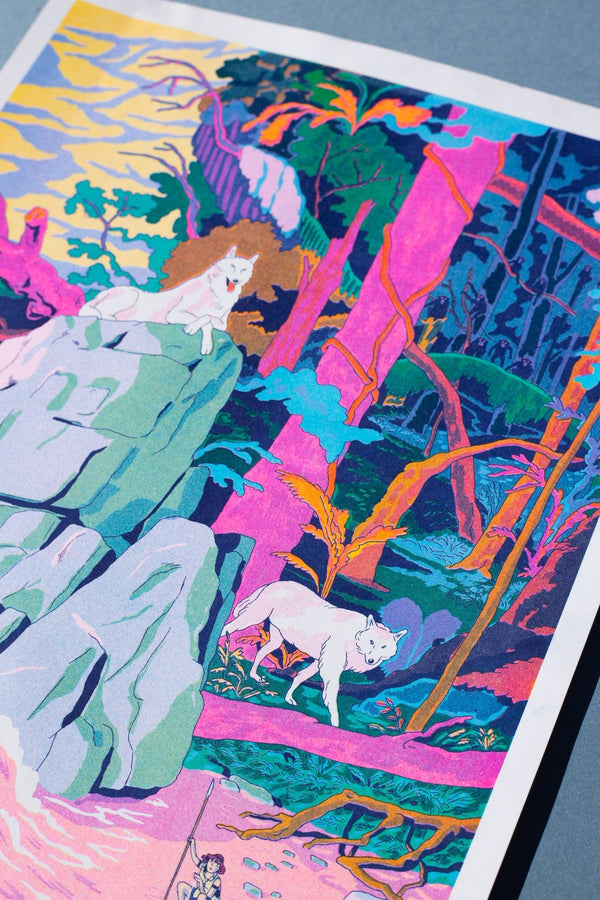 Simon Roussin Risography Poster | Inspired by Studio Ghibli's Princess Mononoke | A3 Size