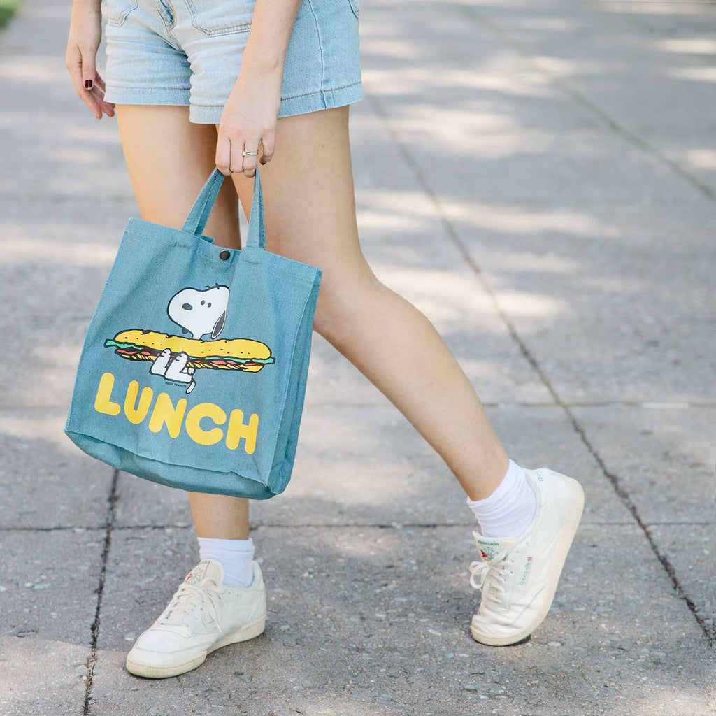 Snoopy Lunch Vintage-Style Market Tote by Three Potato Four | Blue Denim Satchel.