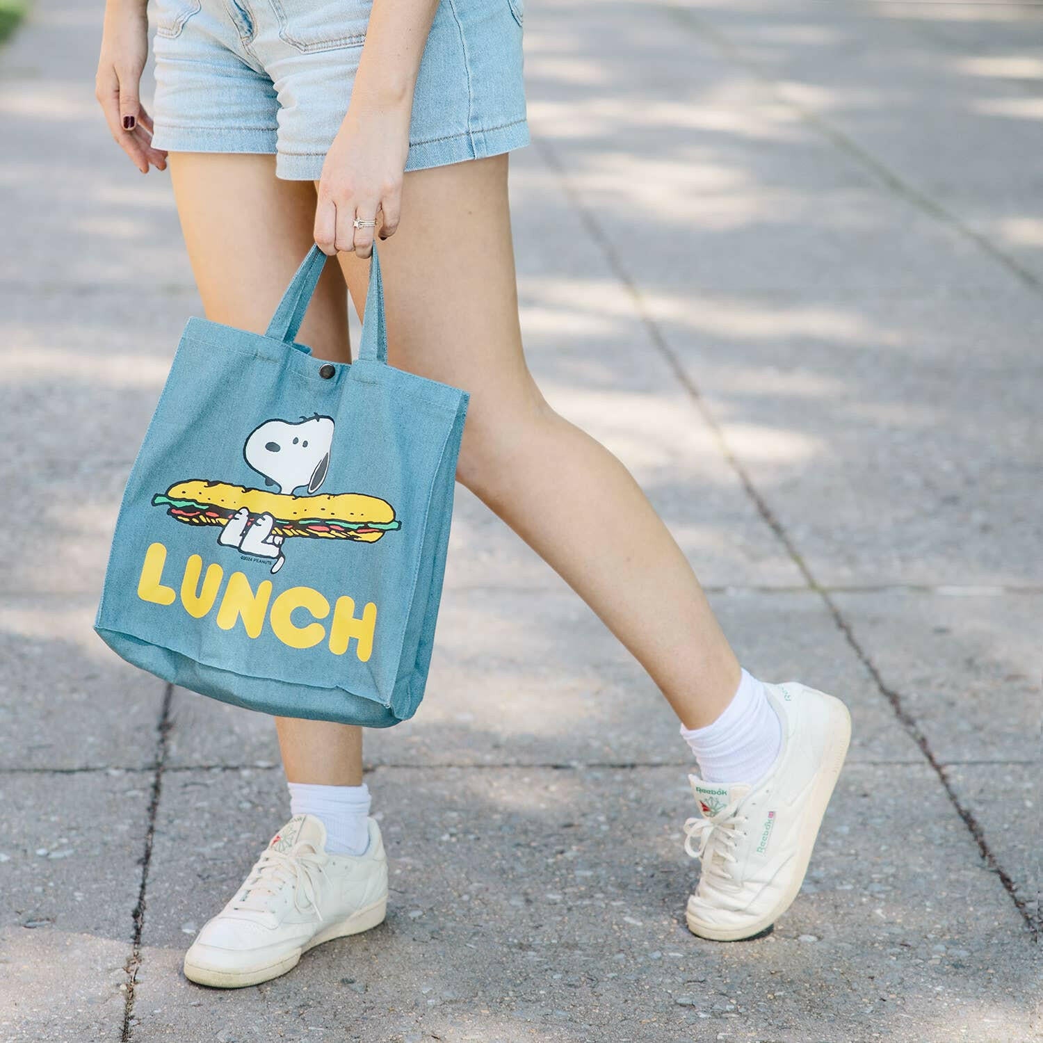 Snoopy Lunch Vintage-Style Market Tote by Three Potato Four | Blue Denim Satchel.