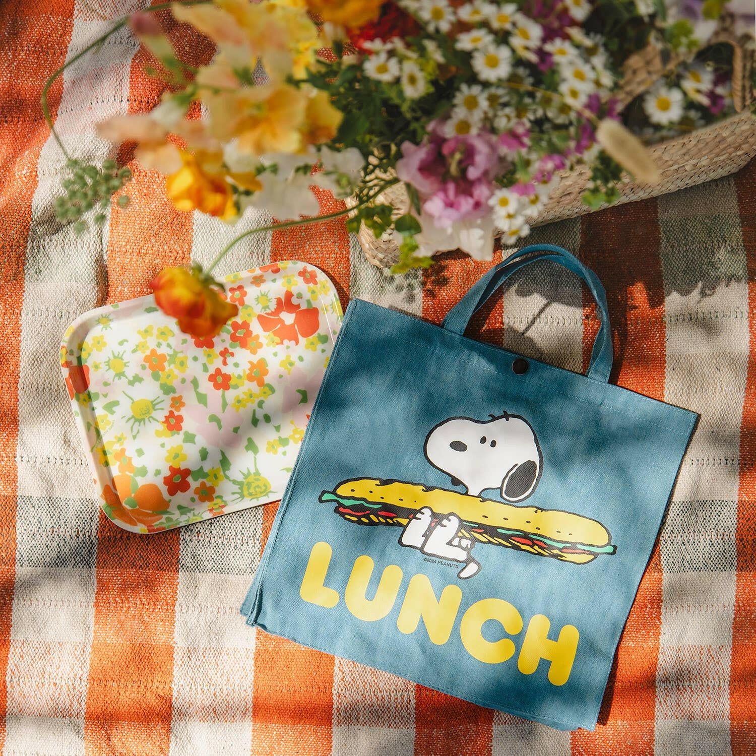 Snoopy Lunch Vintage-Style Market Tote by Three Potato Four | Blue Denim Satchel.