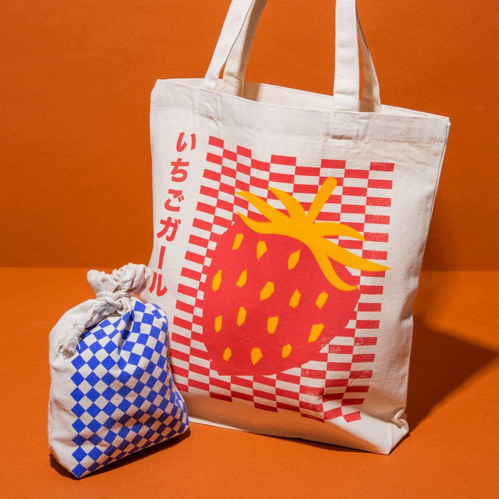 Strawberry Girl いちごガール Tote Bag by Gucha Gucha | Hand-Printed Vintage-Inspired Design.