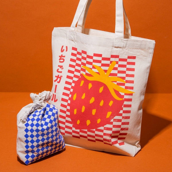 Strawberry Girl いちごガール Tote Bag by Gucha Gucha | Hand-Printed Vintage-Inspired Design