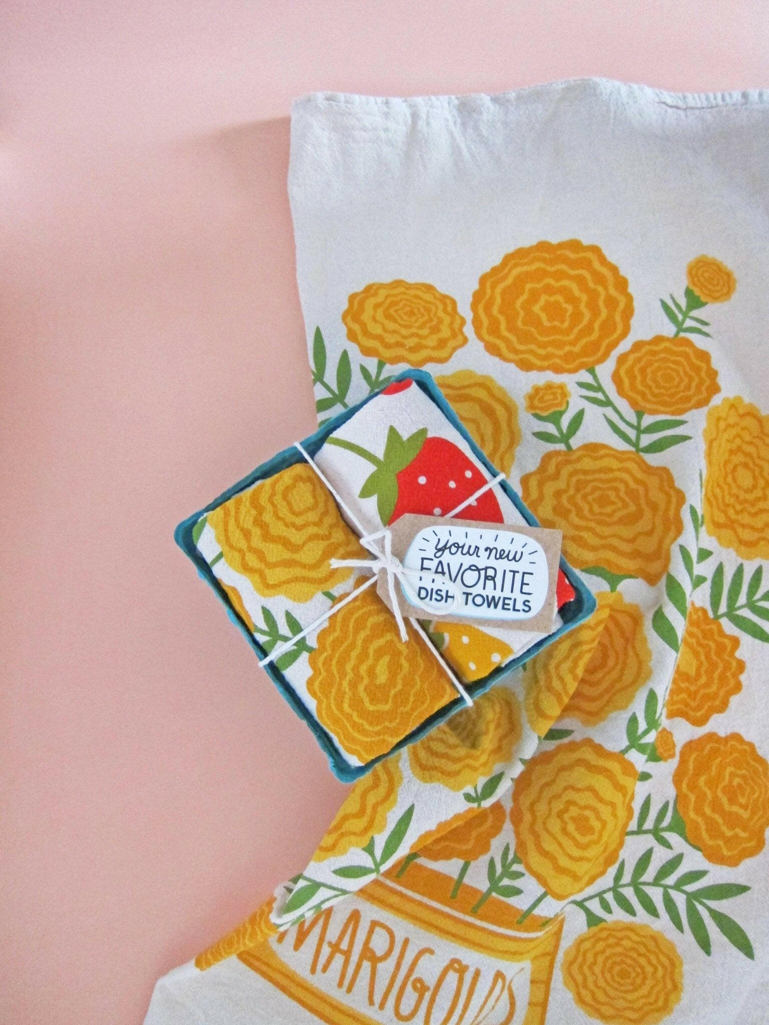Strawberry & Marigold Dish Towels, Set of 2.