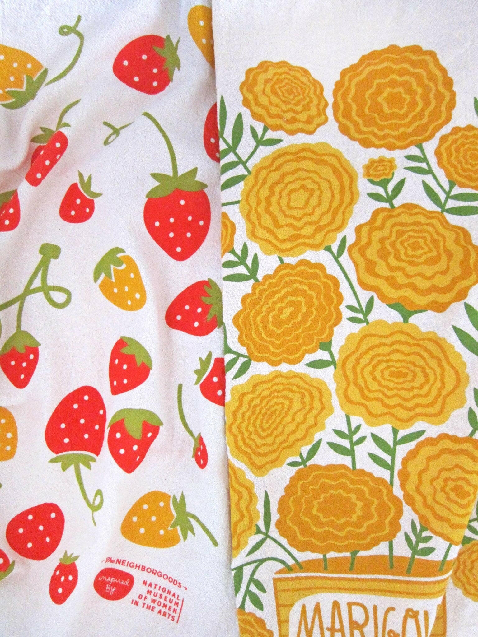Strawberry & Marigold Dish Towels, Set of 2.