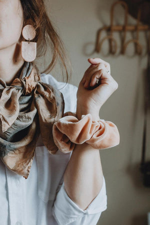 Sustainable Peach Velvet Scrunchies Handcrafted in New Mexico.