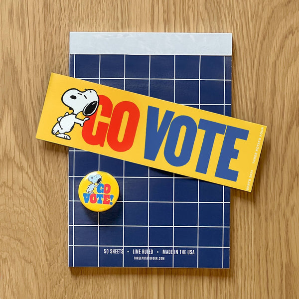 Three Potato Four x Peanuts® Snoopy Go Vote Button | Limited Edition | 1.5" x 1.5"