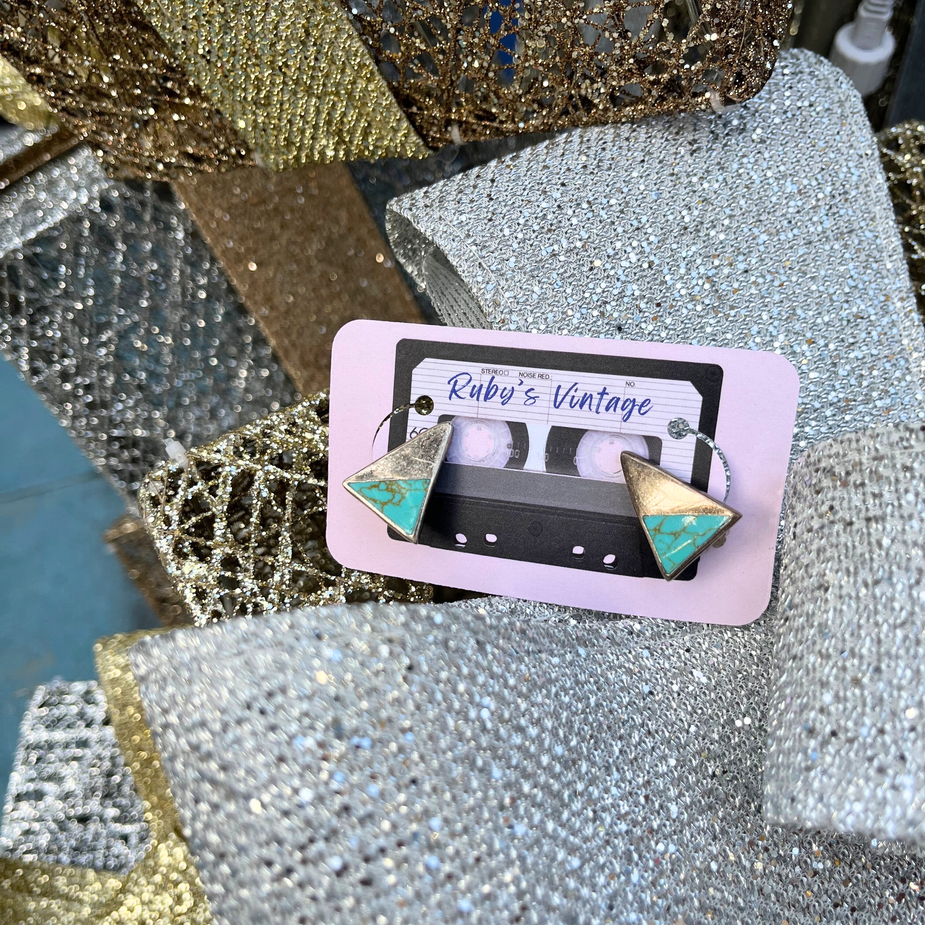 Vintage 925 Silver and Turquoise Triangular Clip-on Earrings, Mexican Sterling Silver