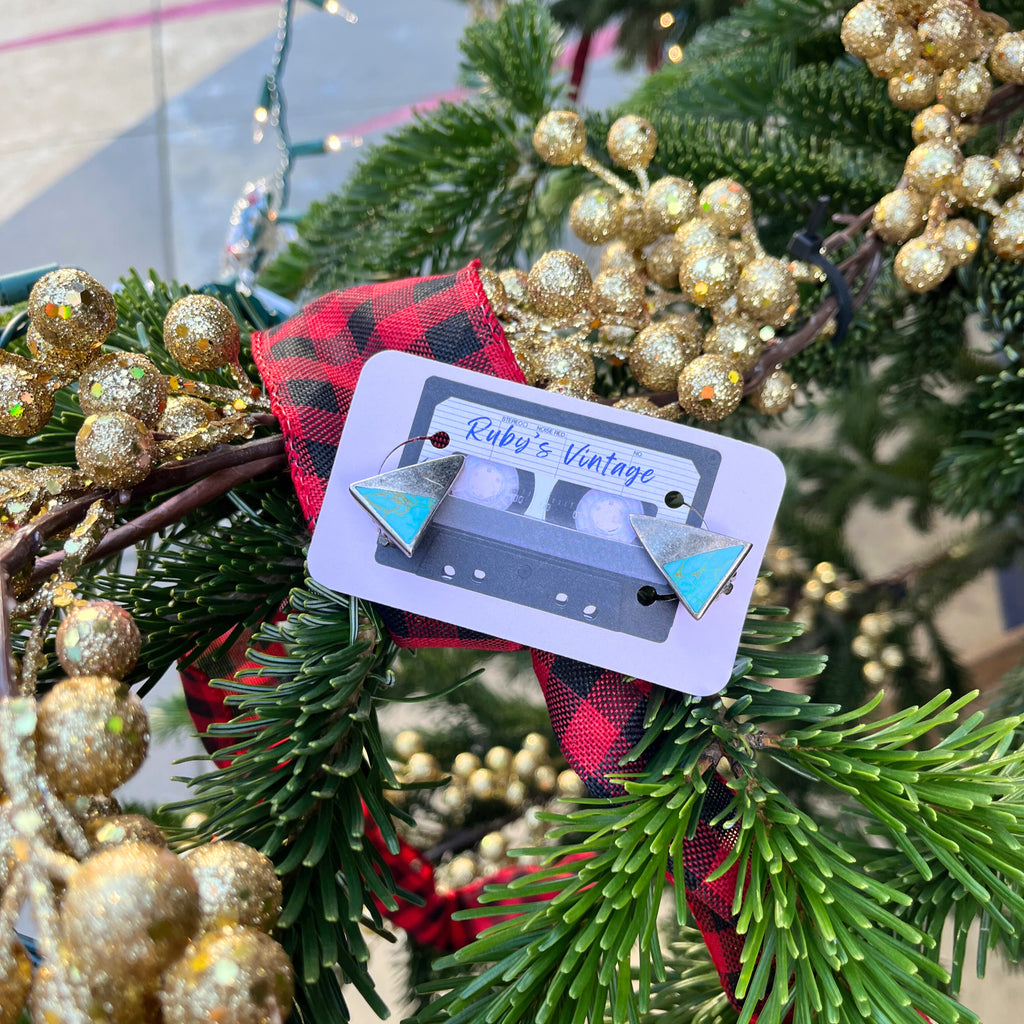 Vintage 925 Silver and Turquoise Triangular Clip-on Earrings, Mexican Sterling Silver