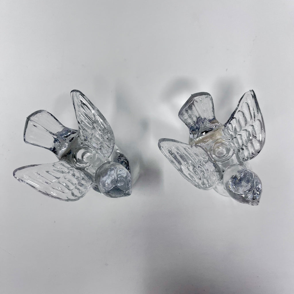 Pair of Vintage Clear Glass Dove Figurine Candlestick Holders