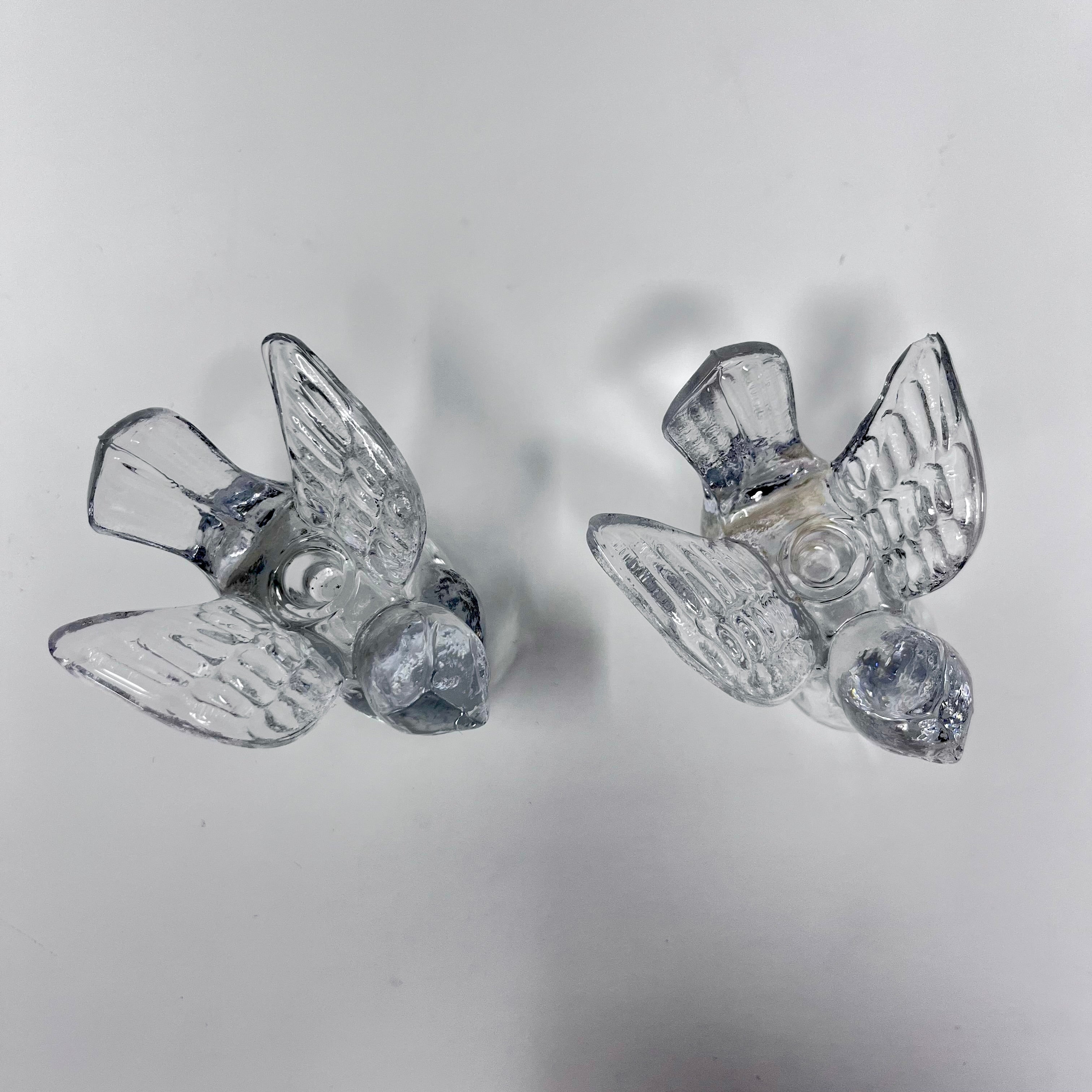 Pair of Vintage Clear Glass Dove Figurine Candlestick Holders