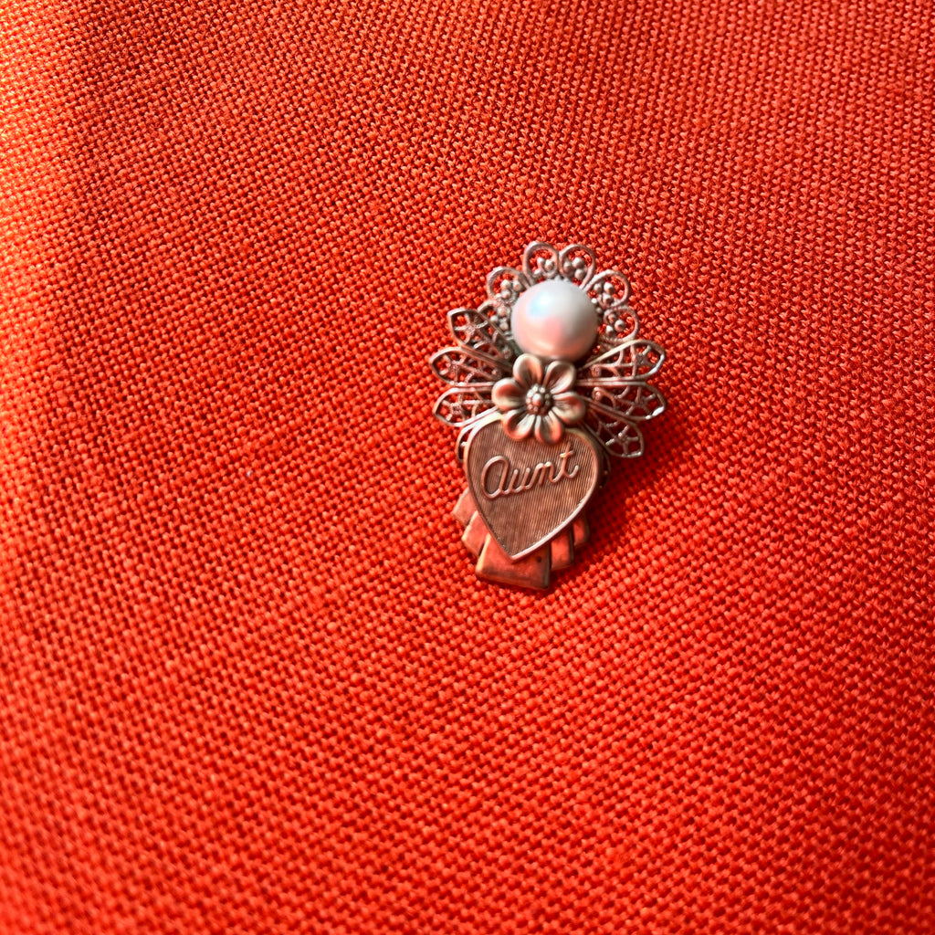 Vintage "Aunt" Brooch, Silver-Toned Filligree with Faux Pearl Accent