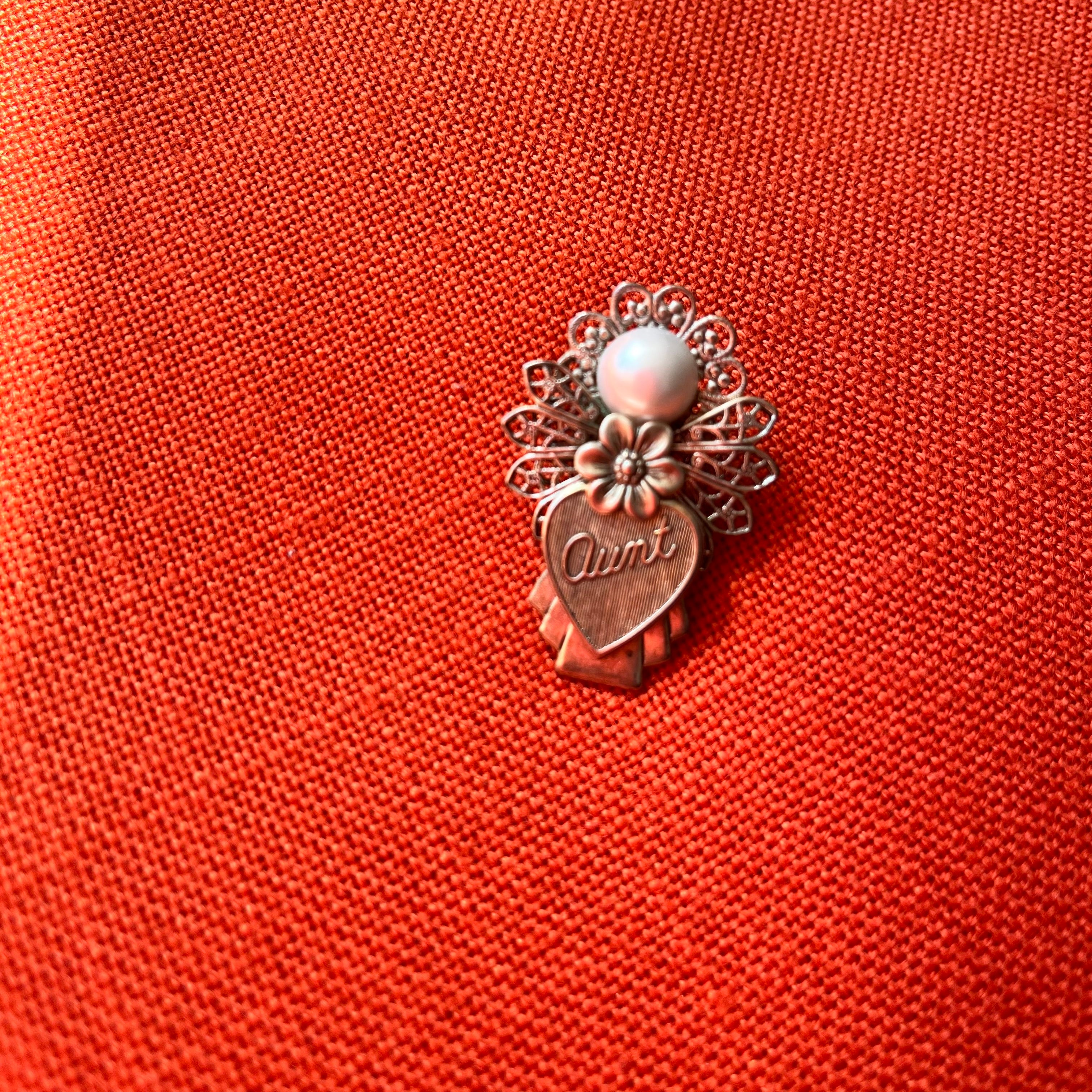 Vintage "Aunt" Brooch, Silver-Toned Filligree with Faux Pearl Accent