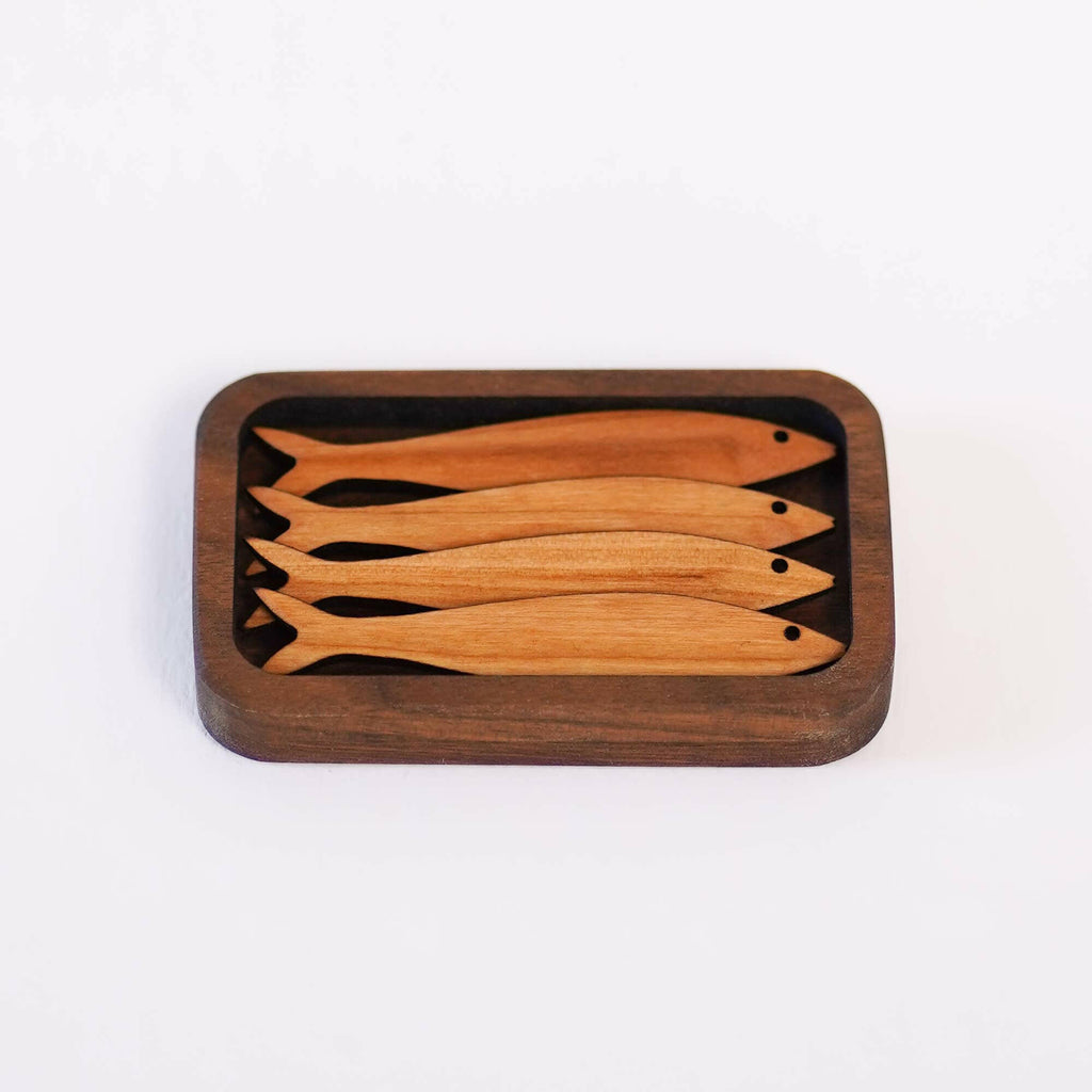 Wooden Sardine Tinned Fish Set in Cherry by Collin Garrity Studios.