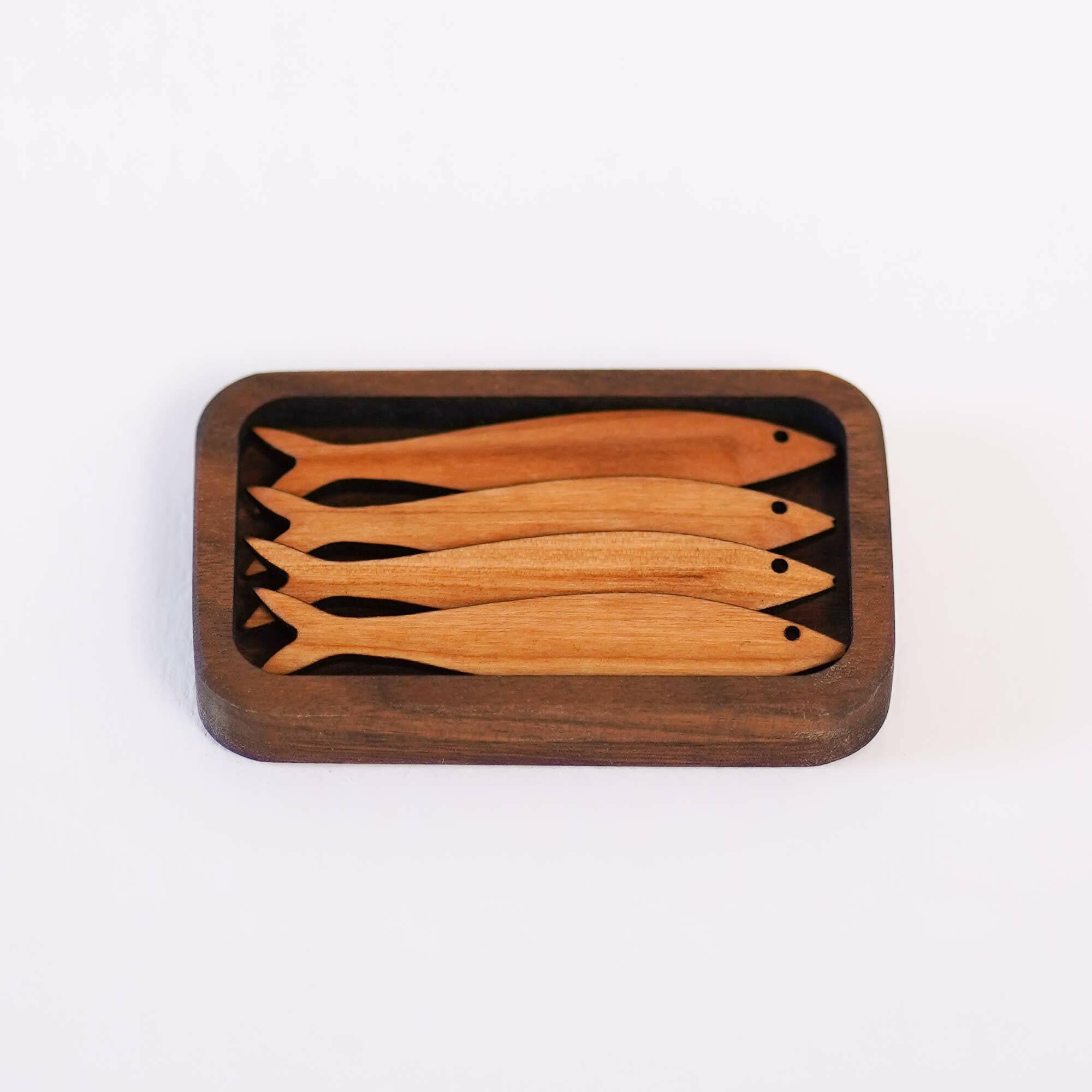 Wooden Sardine Tinned Fish Set in Cherry by Collin Garrity Studios.