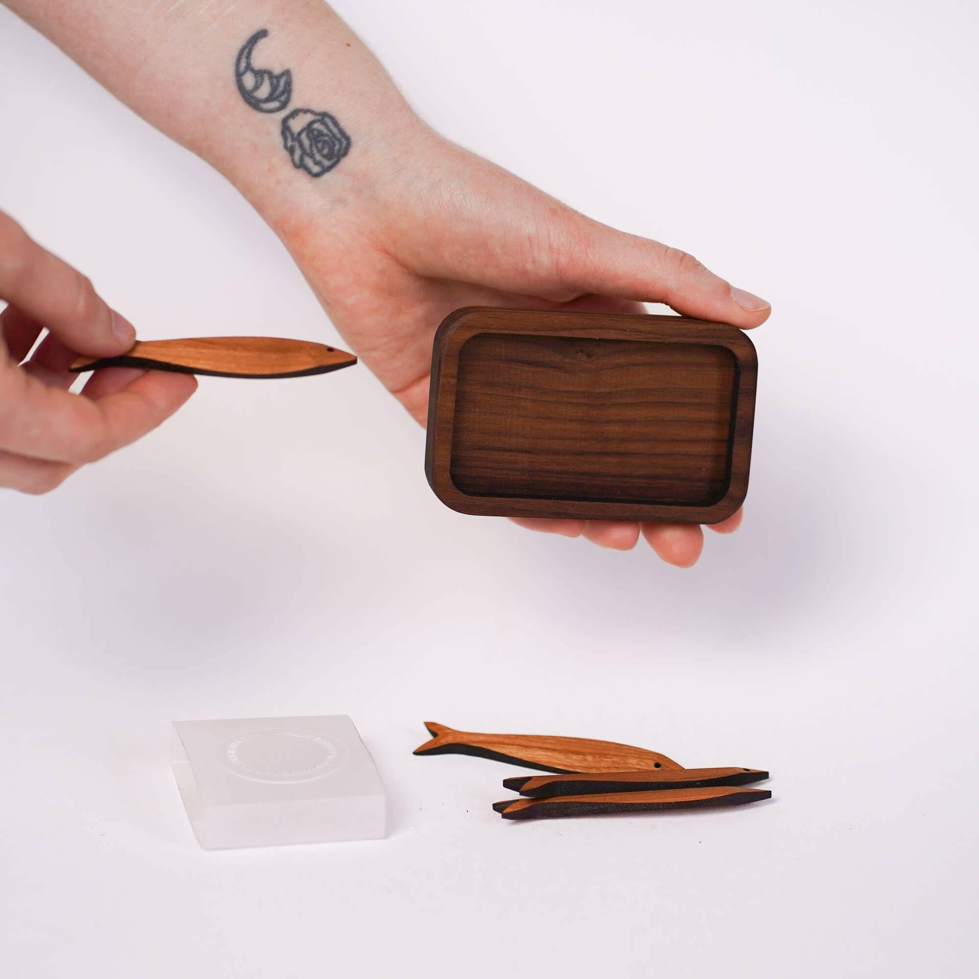 Wooden Sardine Tinned Fish Set in Cherry by Collin Garrity Studios.